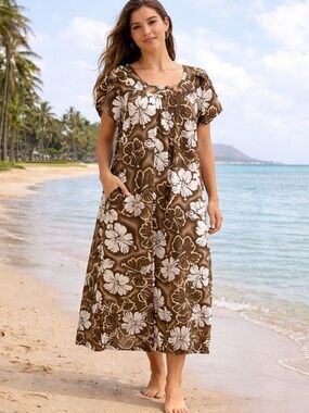 Vintage Royal Creations Hawaii Hibiscus Midi Dress XL Brown White Pocket USA